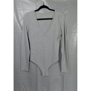 American Eagle Vneck Long Sleeve Bodysuit Lace Trim XL Light Gray Fitted Stretch